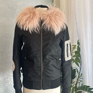Women’s Mr&Mrs Italy Racoon Fur Lined Bomber Jacket with Pink Fur Collar XXS